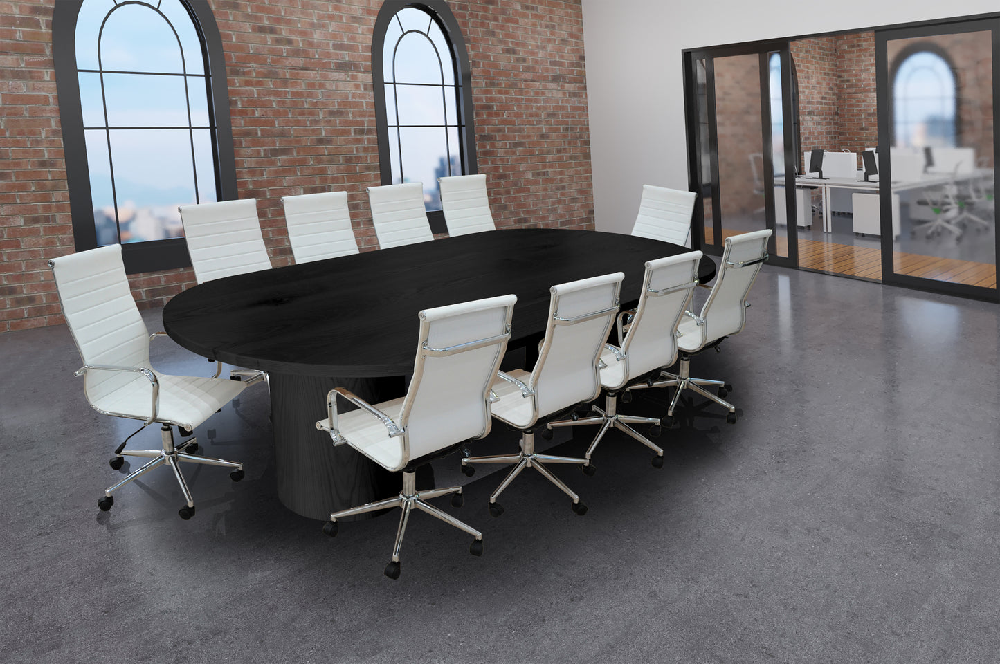 Ronde 11- Piece Black White Oak Racetrack High Back White Conference Set