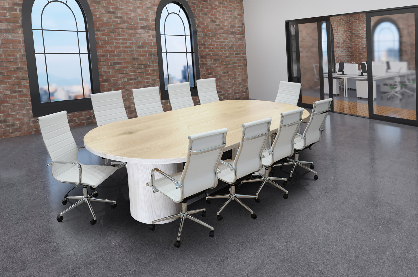 Ronde 11- Piece Natural White Oak Racetrack High Back White Conference Set