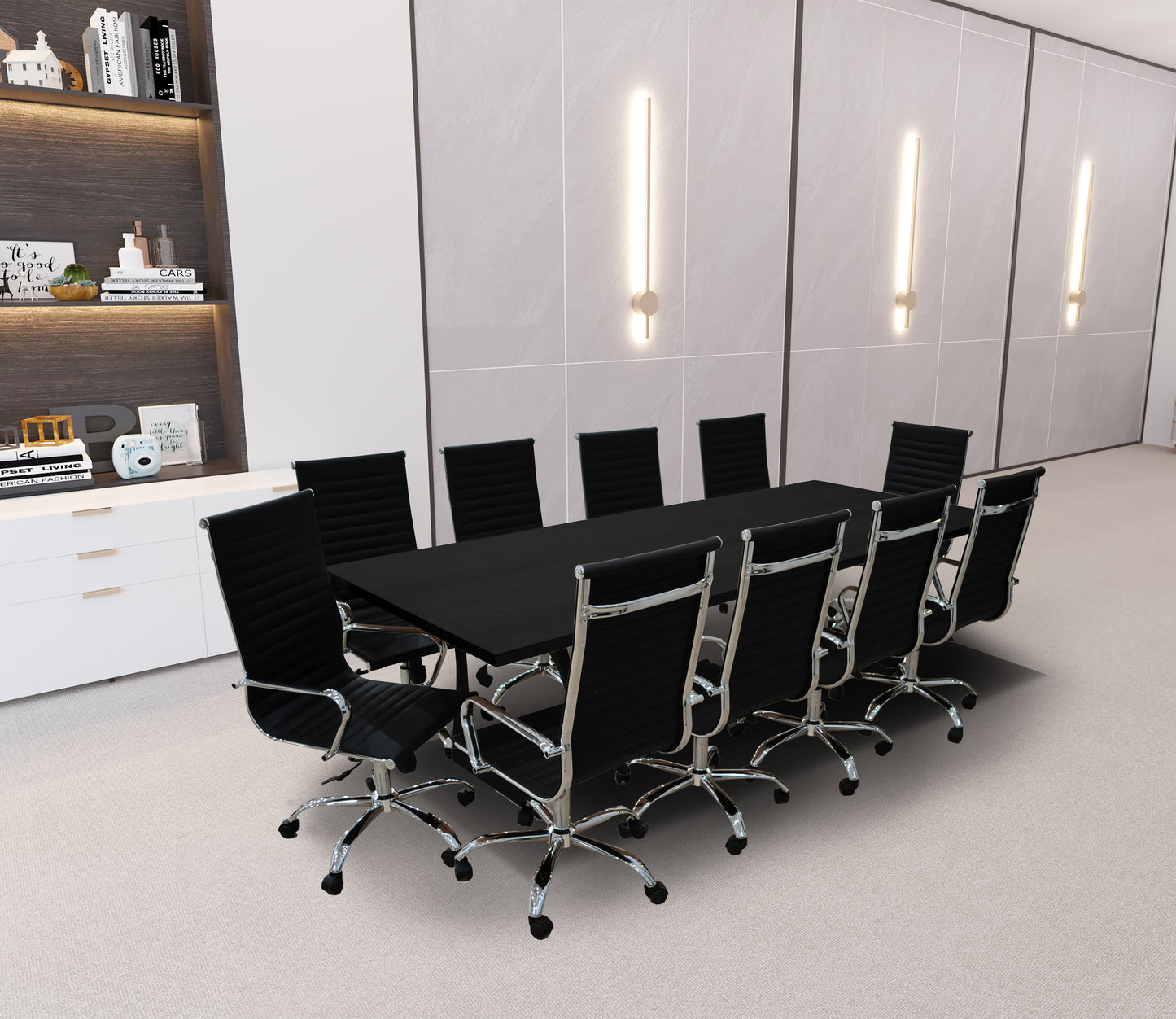 Noir 11- Piece White Oak High Back Black Conference Set
