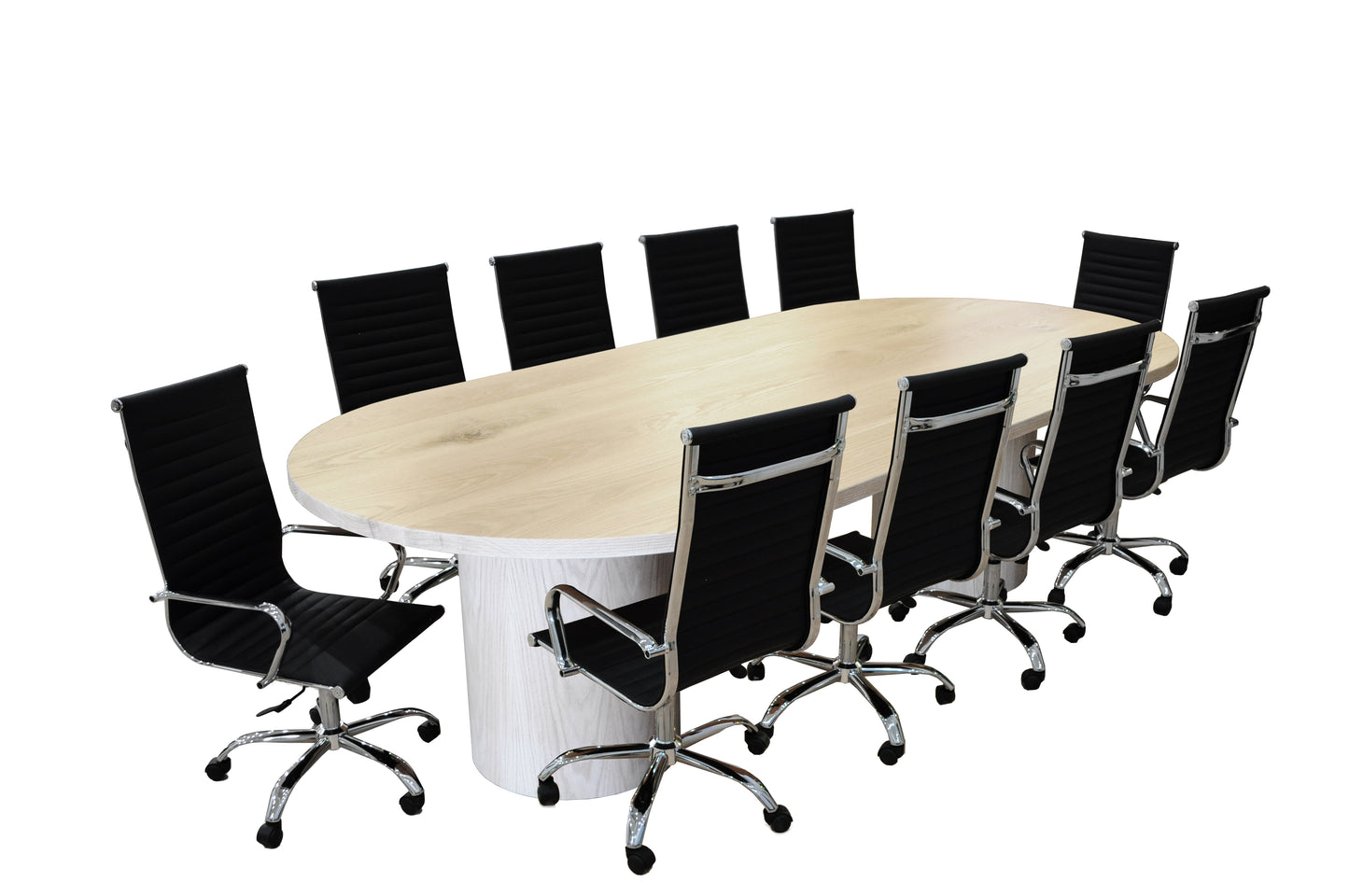 Ronde 11- Piece Natural White Oak Racetrack High Back Black Conference Set