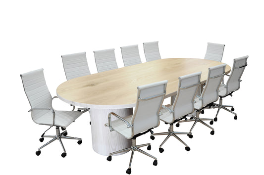 Ronde 11- Piece Natural White Oak Racetrack High Back White Conference Set